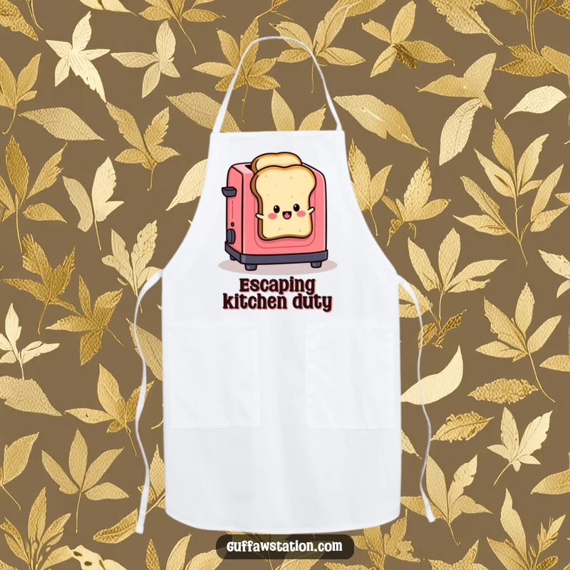 Funny apron showing a slice of toast jumping out of a toaster, designed for cooks who appreciate a humorous kitchen vibe.