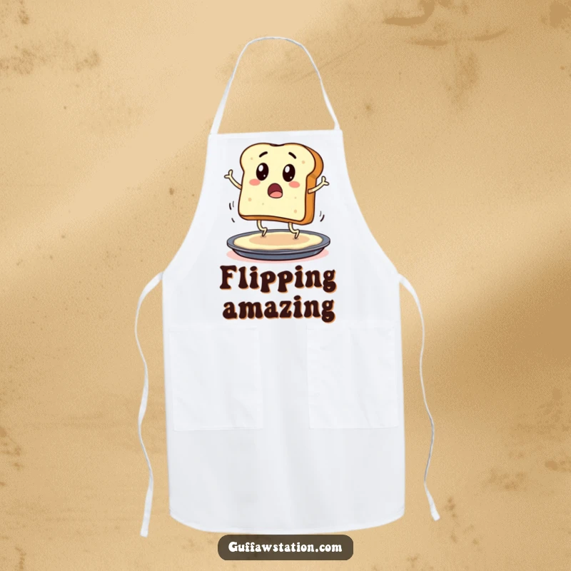 Funny apron with a surprised toast character wearing legs, hopping onto a buttered pan, great for kitchen use.