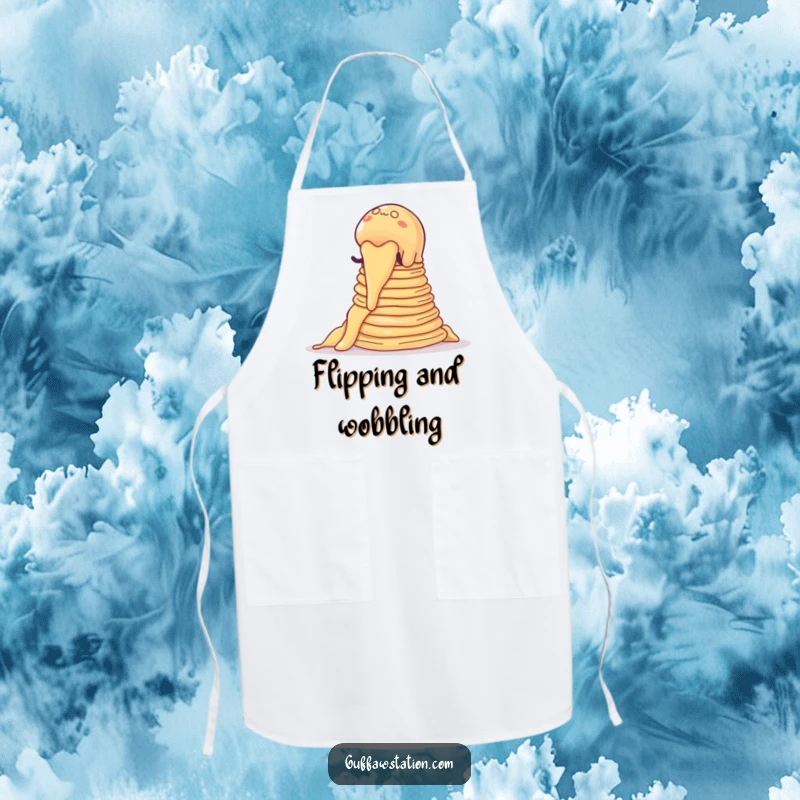 Funny apron graphic of a wobbly jelly blob climbing pancakes, a humorous kitchen accessory with cartoon charm.