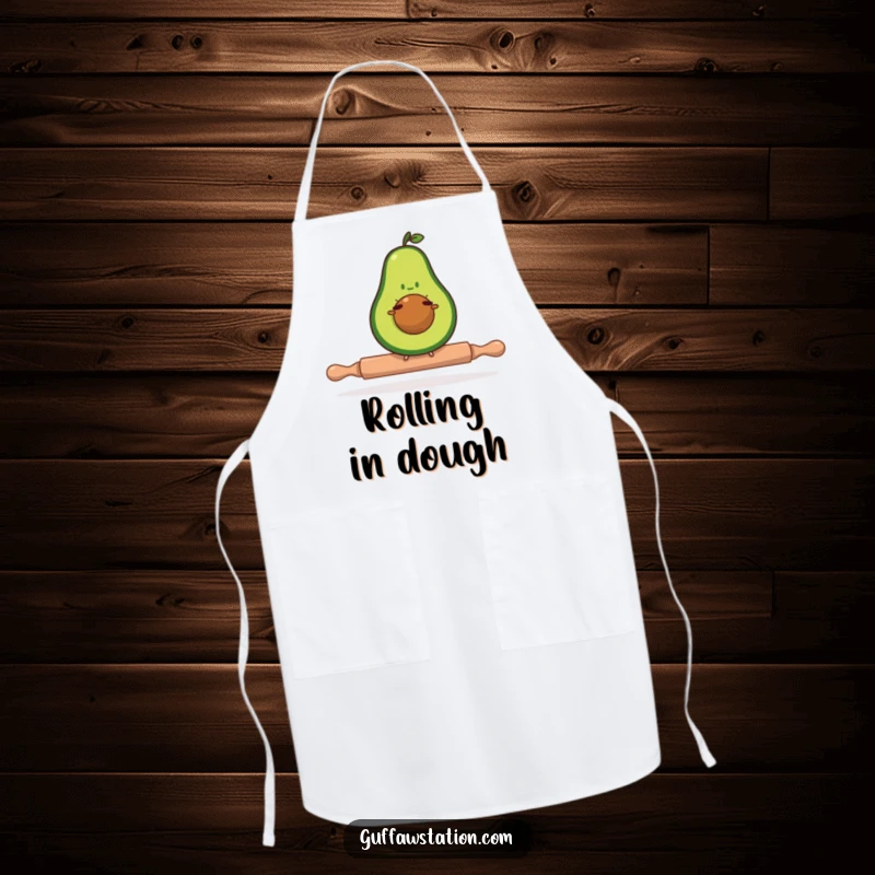 Funny avocado apron with a determined avocado balancing on a tiny rolling pin, practical and humorous kitchen attire.