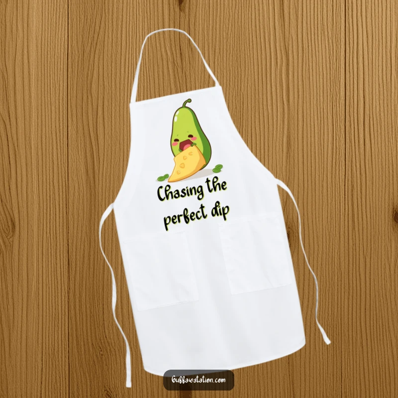 Funny apron showing a determined avocado climbing a giant tortilla chip, designed for ambitious and humorous cooking.