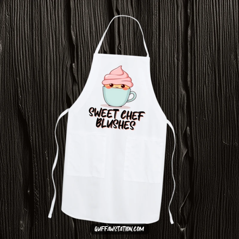Funny blushing cupcake hiding behind a tiny coffee cup, featured on a humorous and practical kitchen apron.