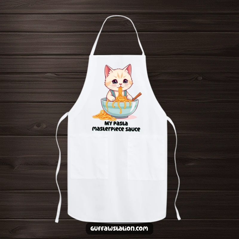 Funny apron depicting a cat in tiny suspenders spilling a giant bowl of spaghetti, perfect for humorous cooking sessions.