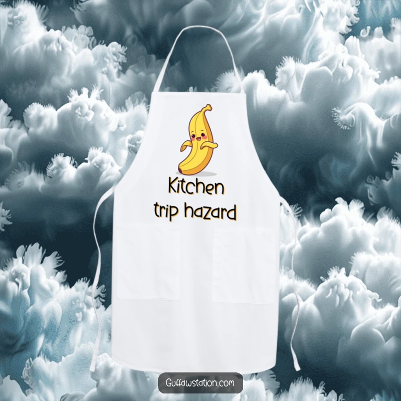Funny apron featuring a clumsy banana peeling itself and then slipping on its own peel, adding humor to cooking.