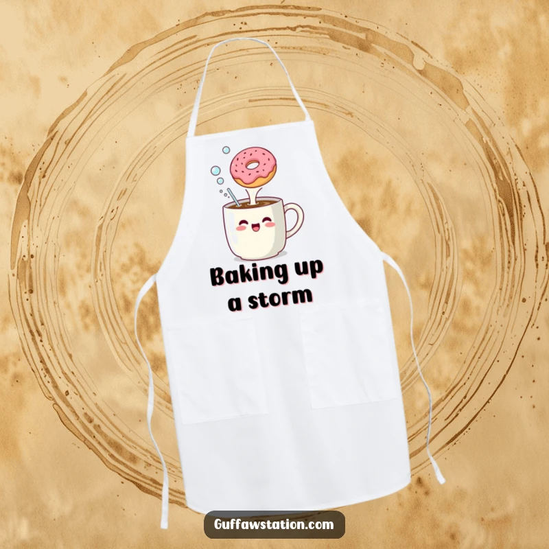 Funny apron showing a coffee mug enthusiastically belching bubbles at a floating donut, perfect for kitchen fun.