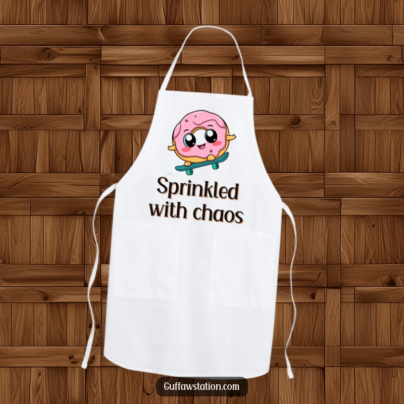 Funny donut character attempting to skateboard downhill while cooking, printed on a durable apron, making kitchen tasks hilariously fun.