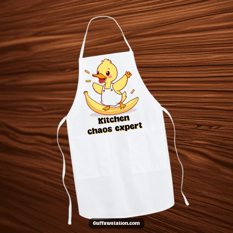 Funny Duck Apron: A duck in an apron slipping on a banana peel, flinging fries with hilarious abandon.