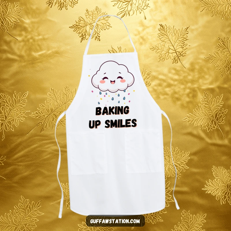 Funny happy cloud with a wide smile raining confetti, a humorous apron for joyful cooking.