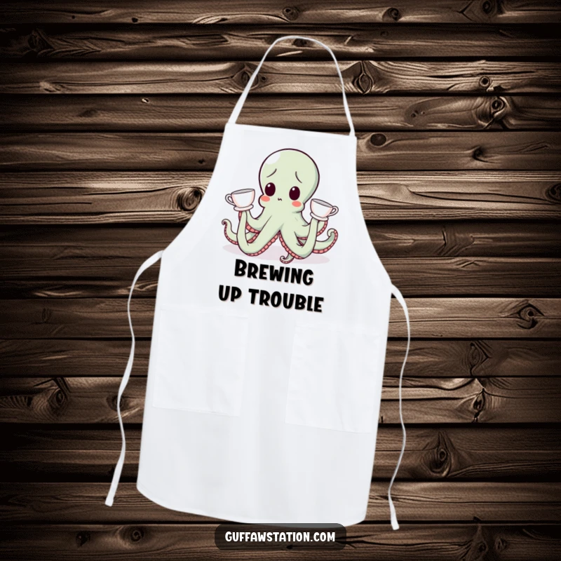 Funny octopus character looking surprised, wearing teacups, on a practical and funny kitchen apron.