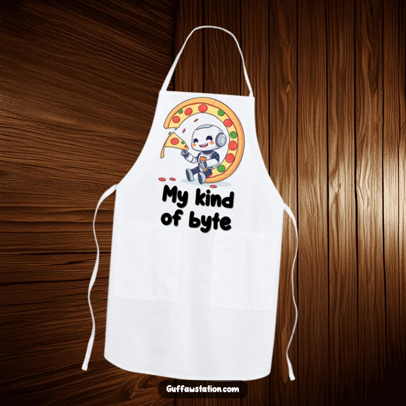 Funny apron showing a small robot enthusiastically trying to eat a gigantic, spinning pizza, perfect for messy fun.