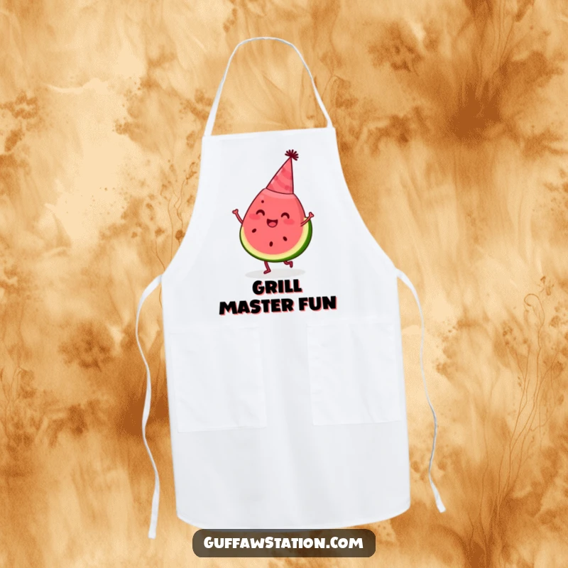 Funny watermelon apron with a happy slice wearing a party hat and dancing, practical and humorous kitchen attire.