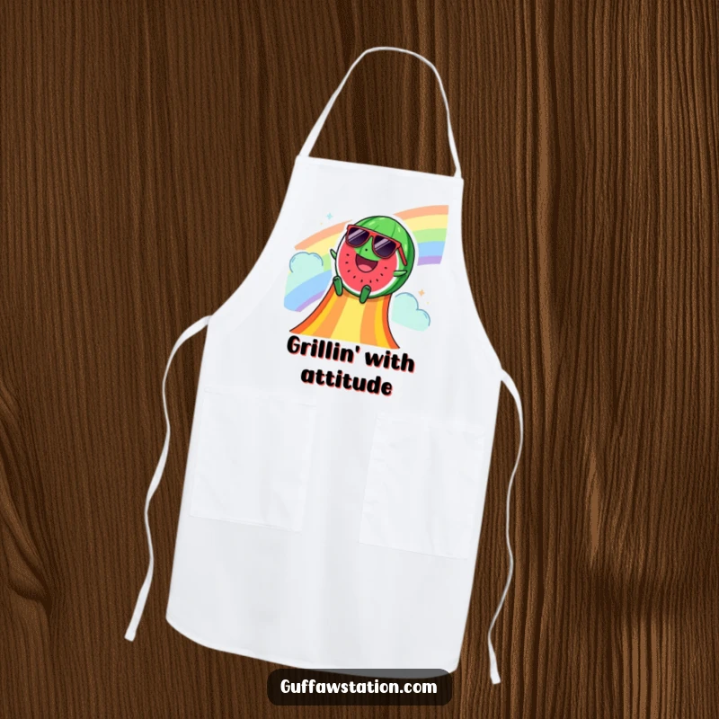 Funny apron featuring a happy watermelon wearing sunglasses, sliding down a rainbow slide, perfect for cheerful kitchen activities.
