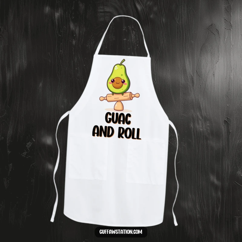 Funny apron showing a determined avocado balancing on a tiny rolling pin, ideal for humorous kitchen endeavors.