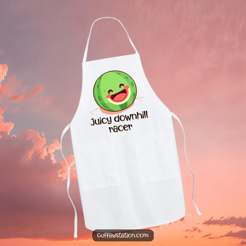 Funny apron showing a happy watermelon with a big grin rolling downhill, designed for cheerful summer cooking.