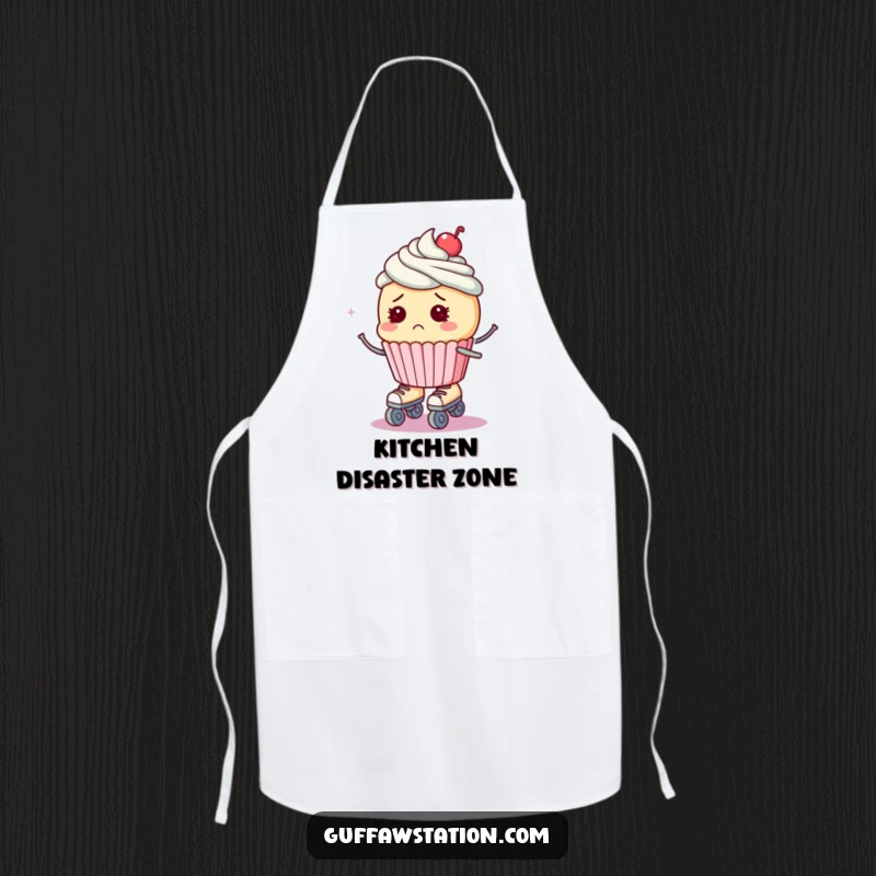 Funny apron featuring a bewildered cupcake on roller skates, looking ready to fall, perfect for the kitchen.