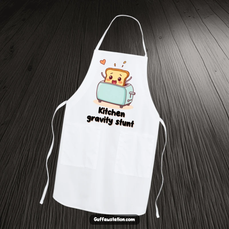 Funny apron featuring a surprised piece of toast dramatically popping out of a toaster and flying through the air while cooking.