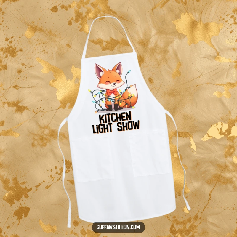 Funny cooking apron showing a fox in a bowtie comically tangled in a large string of Christmas lights, bringing humor to the kitchen.