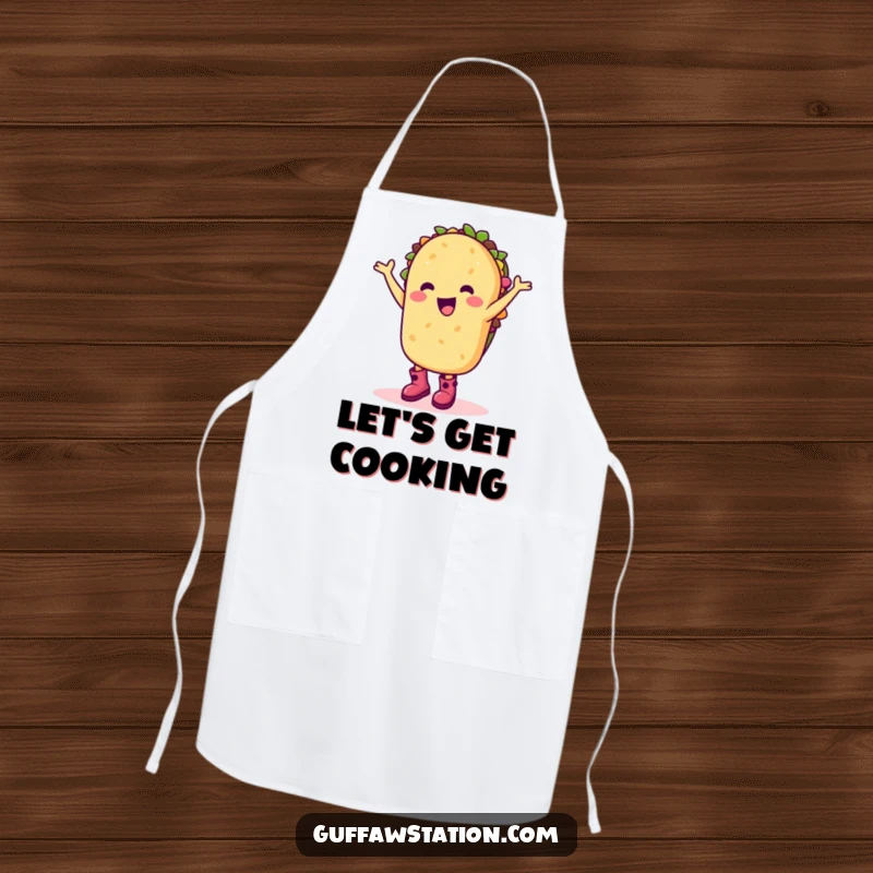 Funny apron with a happy taco character in boots doing a silly dance, great for kitchen festivities.
