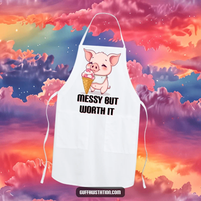 Funny Piglet Apron: A bibbed piglet struggling with a giant ice cream cone, ready for messy kitchen adventures.