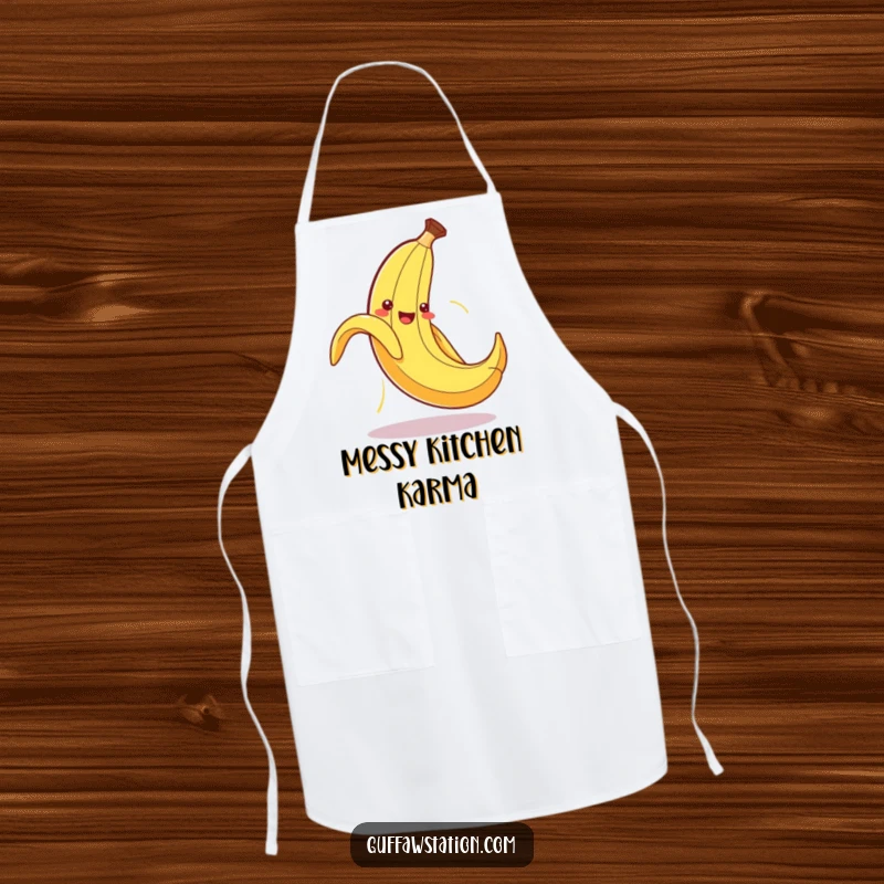 Funny apron showing a cute banana peel hilariously slipping on its own peel, perfect for messy kitchen fun.