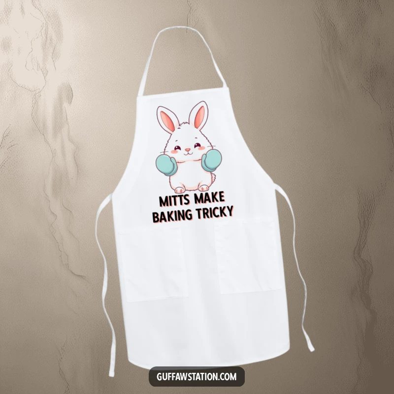 Funny apron depicting a fluffy bunny accidentally wearing oven mitts as mittens, offering protection with a humorous and cute baking theme.