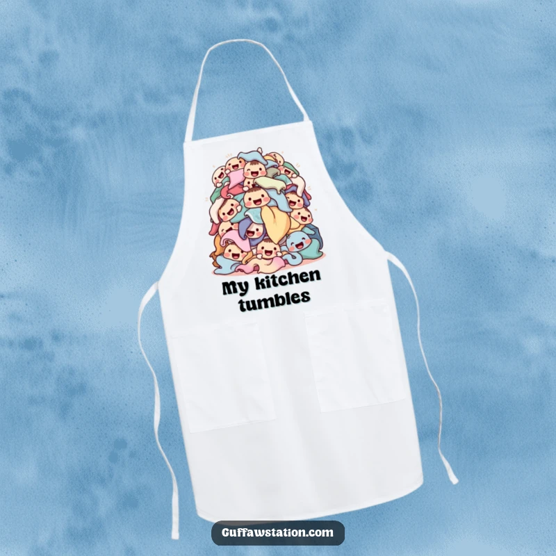 Funny laundry apron depicting a tumbling pile of happy-faced clothes, adding a humorous and cheerful touch to kitchen duties.