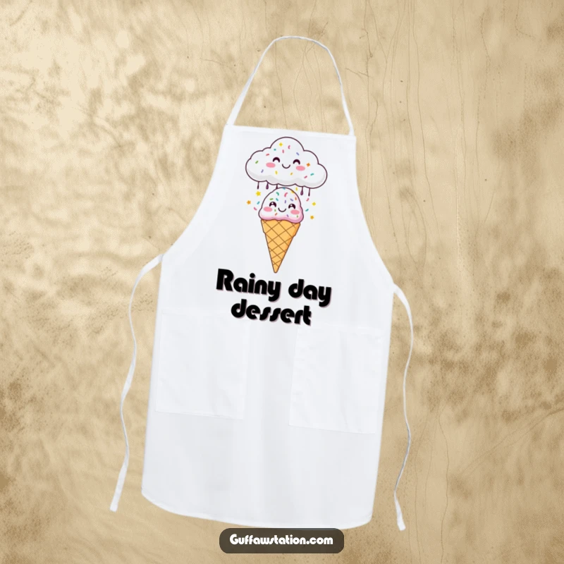 Funny apron showing a happy cloud raining colorful sprinkles onto an ice cream cone, designed for cheerful kitchen activities.
