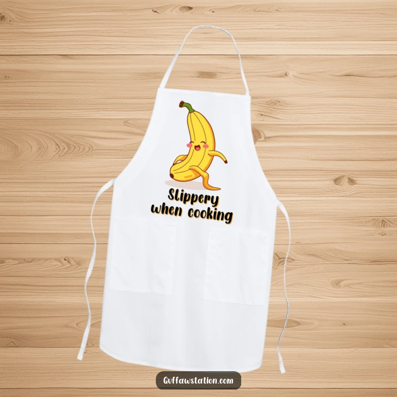 Funny apron illustrating a giggling banana comically slipping on a banana peel with wild, exaggerated limb movements and a shocked, funny face.