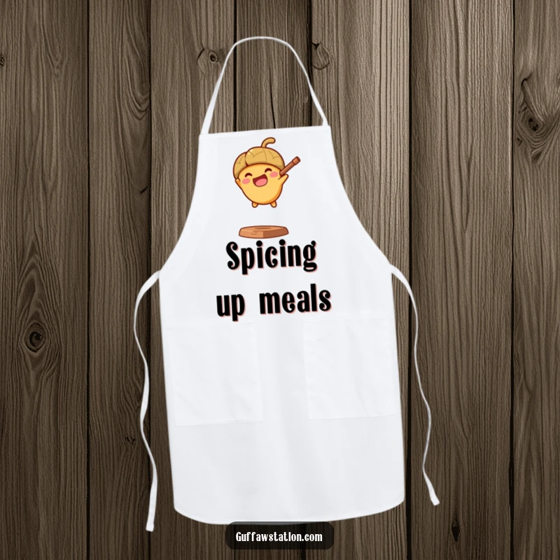 Funny apron with a determined acorn launching from a slingshot, ready for culinary adventures with a humorous twist.