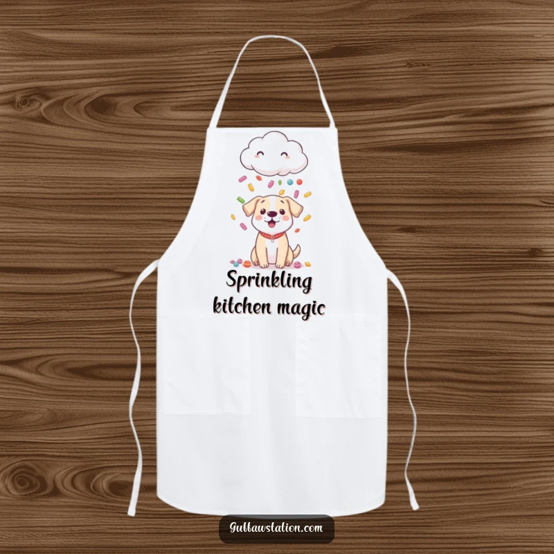 Funny apron showing a shy cloud raining colorful candy down on a surprised dog, perfect for sweet kitchen adventures.