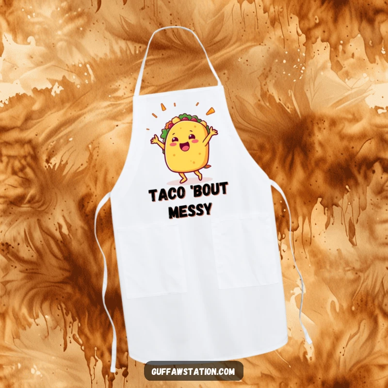 Funny apron featuring a happy taco character dancing with filling flying out, perfect for festive cooking and humorous kitchen protection.