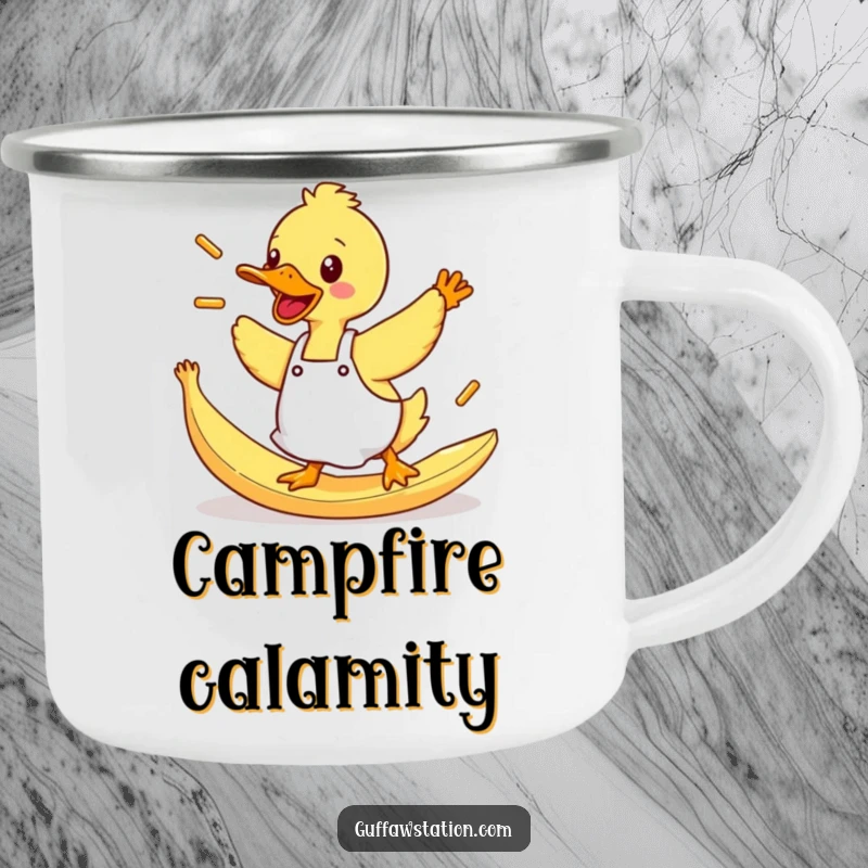 Funny Duck Camping Mug: A duck in an apron tripping, flinging fries, perfect for funny campfire stories.