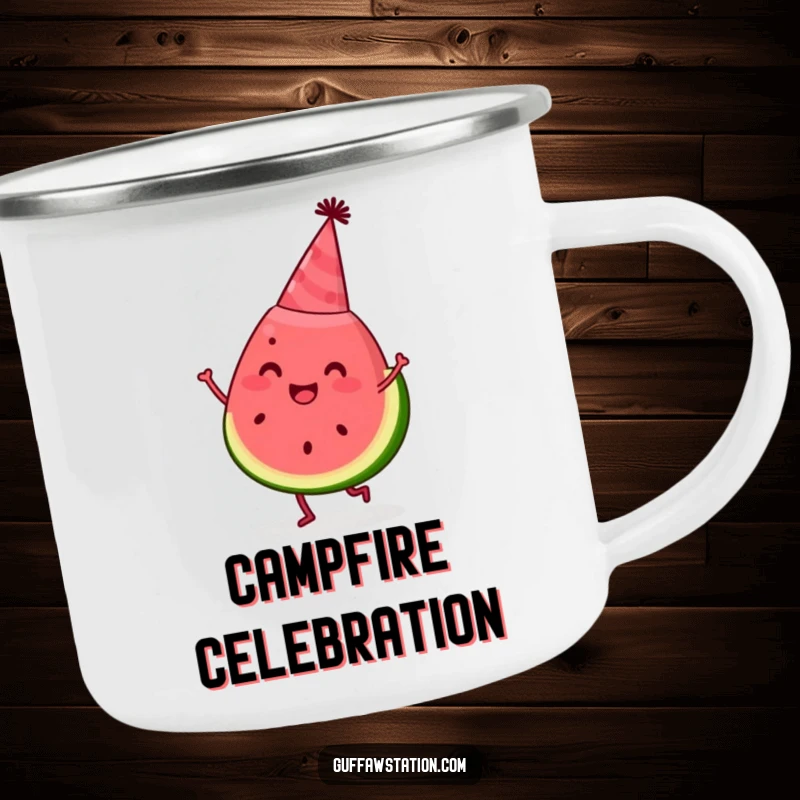 Funny watermelon camping mug with a happy slice wearing a party hat and dancing, for festive outdoor lovers.