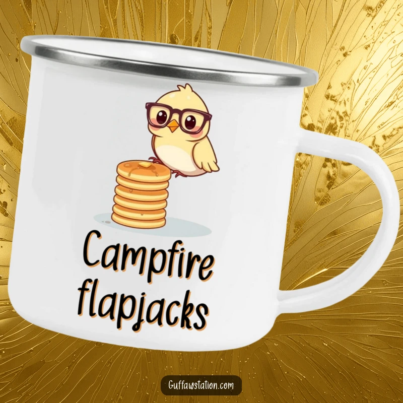 Funny bird wearing glasses balancing a stack of pancakes on a durable camping mug, perfect for outdoor intellectual mornings.