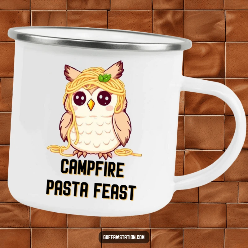 Funny camping mug showing a cute owl covered in spaghetti, looking bewildered but happy, ideal for outdoor enthusiasts who love food themes.