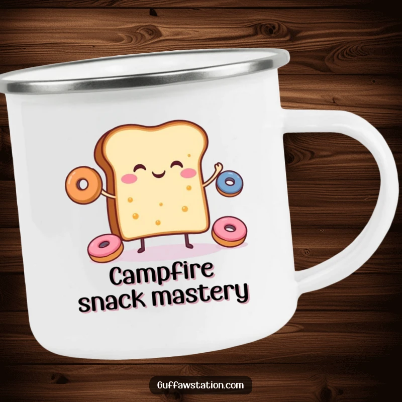 Funny and durable camping mug with a happy slice of toast juggling donuts, perfect for outdoor enjoyment.