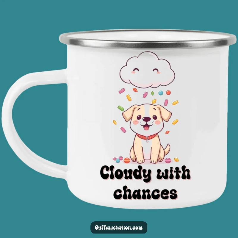Funny Shy Cloud Dog Camping Mug: Sweet Adventures with Candy Rain