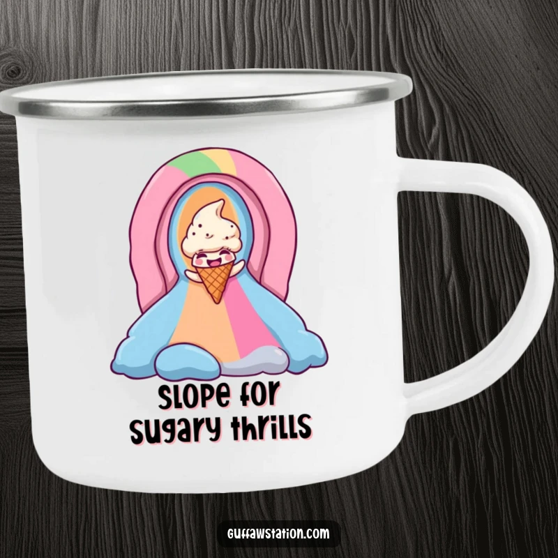Funny ice cream cone camping mug shows a giggling cone sliding down a rainbow, ready for outdoor fun.