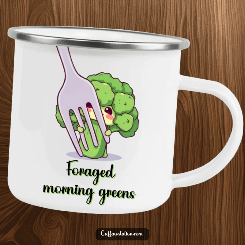 Funny camping mug with a shy broccoli floret character peeking from behind a giant fork, ideal for outdoor health enthusiasts.