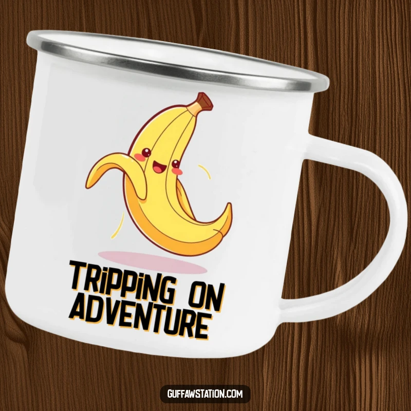Funny camping mug showing a cute banana peel comically slipping on its own discarded peel during an outdoor trip.