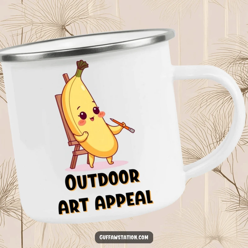Funny blushing banana character painting its self-portrait with its peel on a camping mug, perfect for artistic outdoor humor.