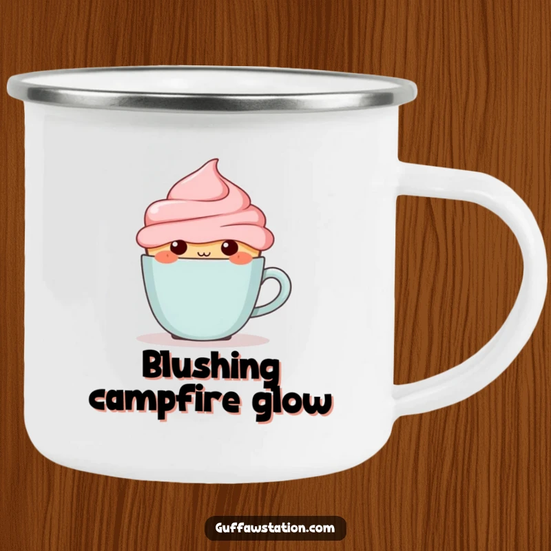 Funny blushing cupcake hiding behind a tiny coffee cup on a durable enamel camping mug.