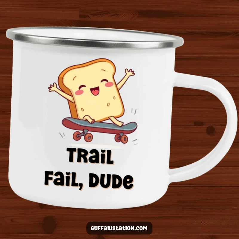 Funny enamel camping mug with a bread loaf failing at skateboarding, designed for outdoor humor and durability.