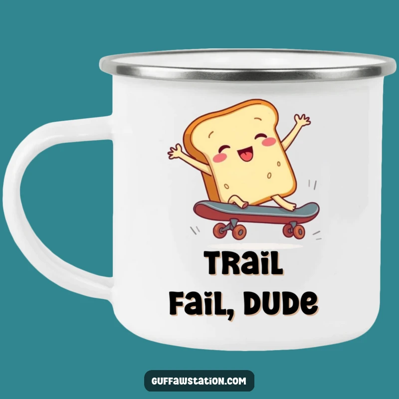Funny Bread Skateboard Enamel Camping Mug, Outdoor Cartoon Humor, Rugged Funny Gift