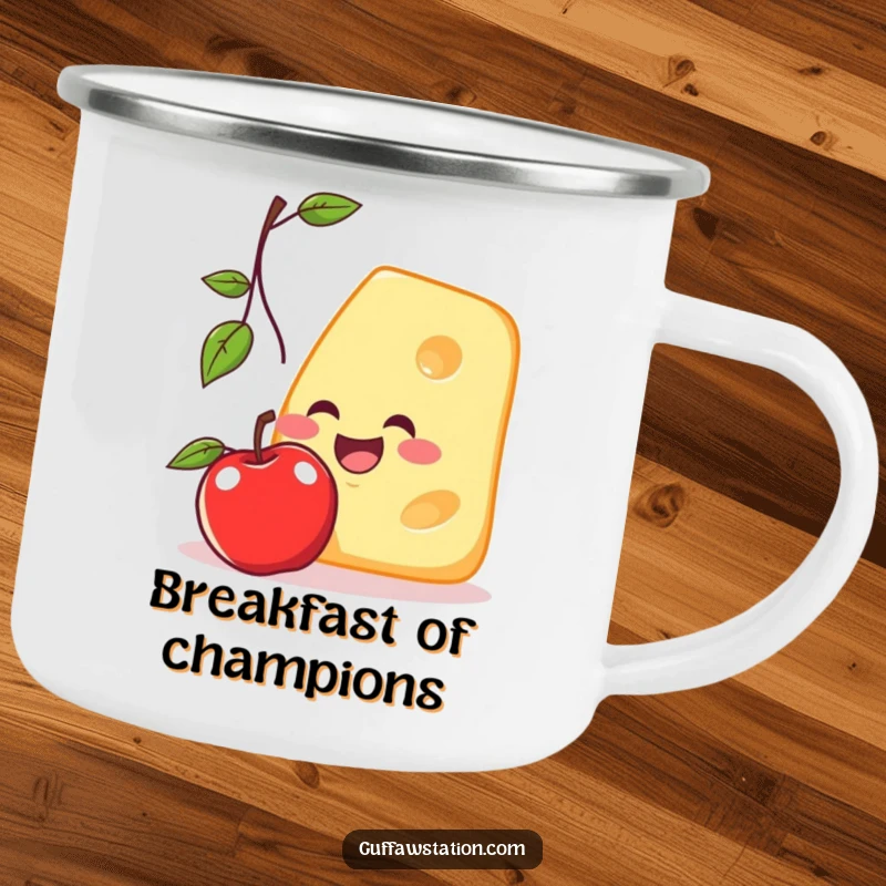 Funny camping mug with a smiling cheese slice trying to catch a falling apple, ideal for sipping hot beverages outdoors.