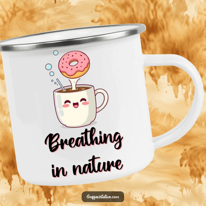 Funny camping mug showing a coffee mug enthusiastically belching bubbles at a floating donut during an outdoor adventure.