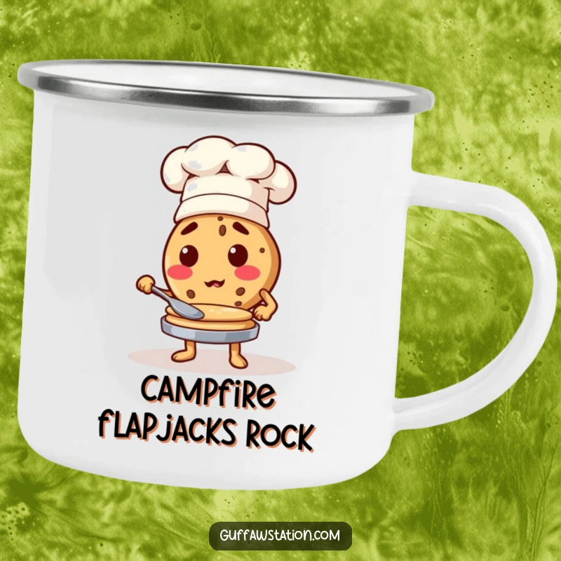 Funny cookie chef flipping pancakes, a humorous and durable camping mug for outdoor cooks.