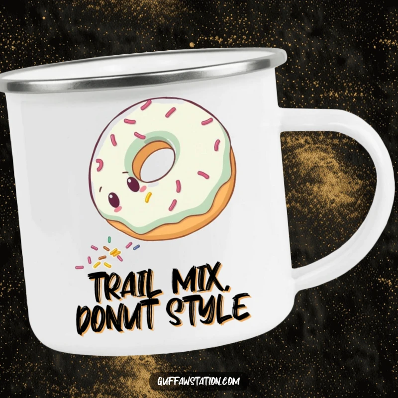 Funny clumsy donut character rolling downhill, leaving sprinkles, on a sturdy camping mug.