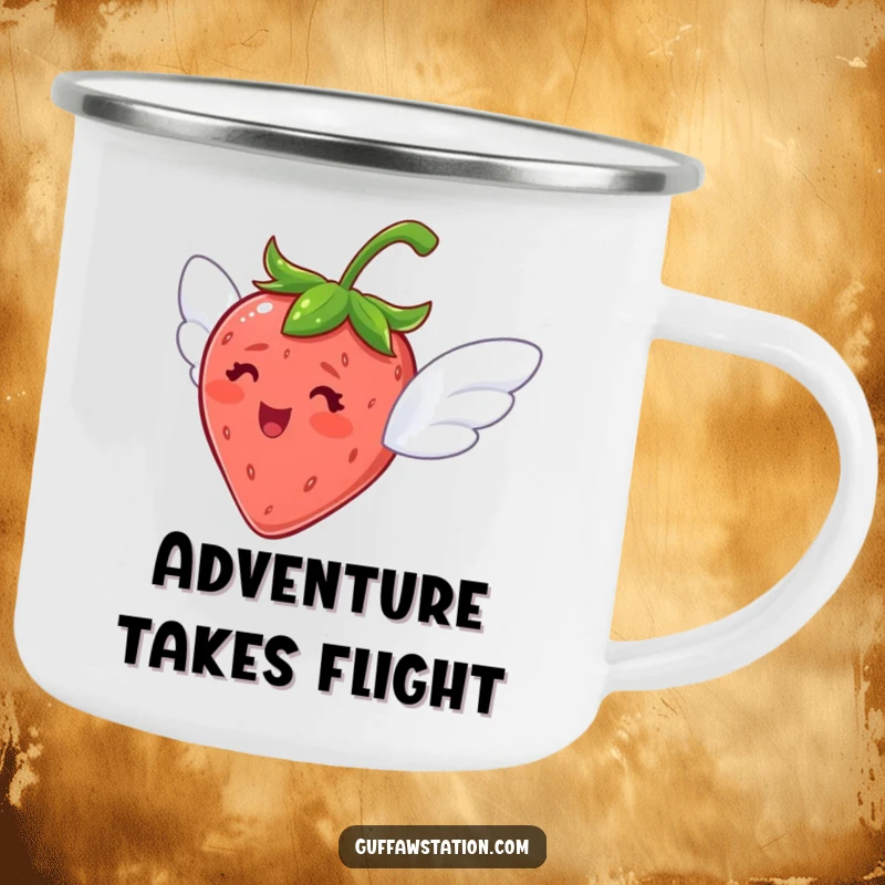 Funny and durable camping mug with a delighted strawberry sporting tiny wings, ready for outdoor escapades.