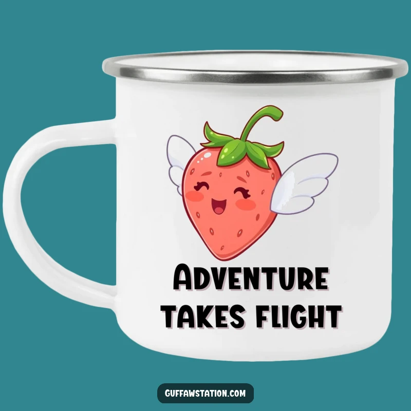 Funny Flying Strawberry Camping Mug: Delighted Explorer, Outdoor Gift!